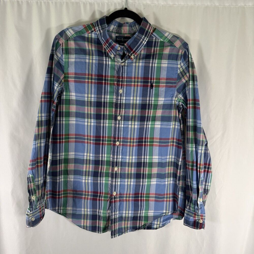 Ralph Lauren Dress Shirt Boys XL 18-20 Blue Plaid Button Up Long Sleeve Collared
